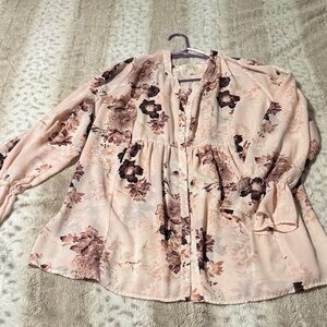 Women’s Plus Size Blush Pink Floral Chiffon Babydoll Blouse 2X
